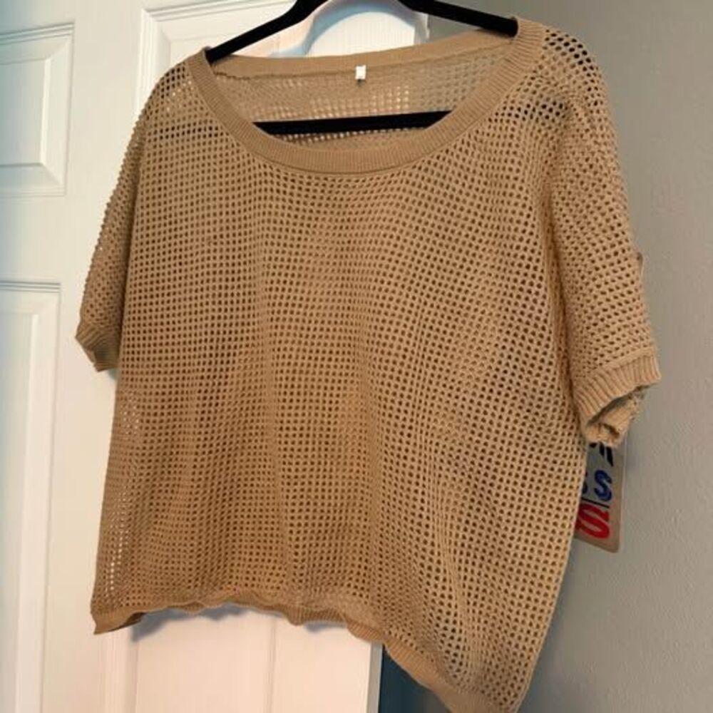 Tan Open Knit Short Sleeve Sweater - Size 2XL - NWOT